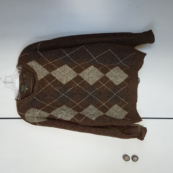 New Traditions- Mens Brown Argyle! 100% Shetland Wool Sweater Vintage Sz.Large - Picture 1 of 8